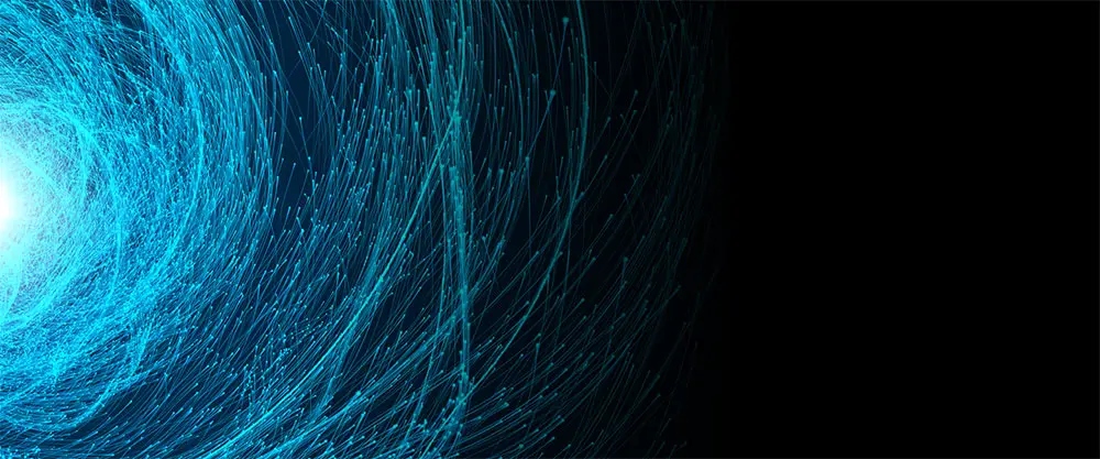Black graphic with an image of a blue spiral
