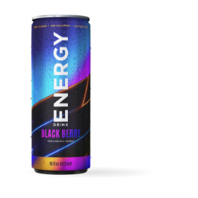 Photo of a blackberry energy drink can with a black, blue, purple and orange design