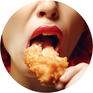 Red headed woman eating fried chicken