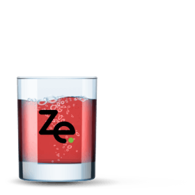 Image of a glass with a carbonated red liquid 3/4 of the way filled in it with a black Zoom Essence logo on it