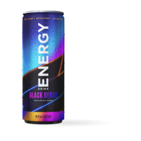 Photo of a blackberry energy drink can with a black, blue, purple and orange design