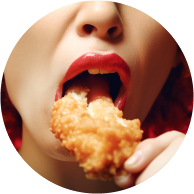 Red headed woman eating fried chicken
